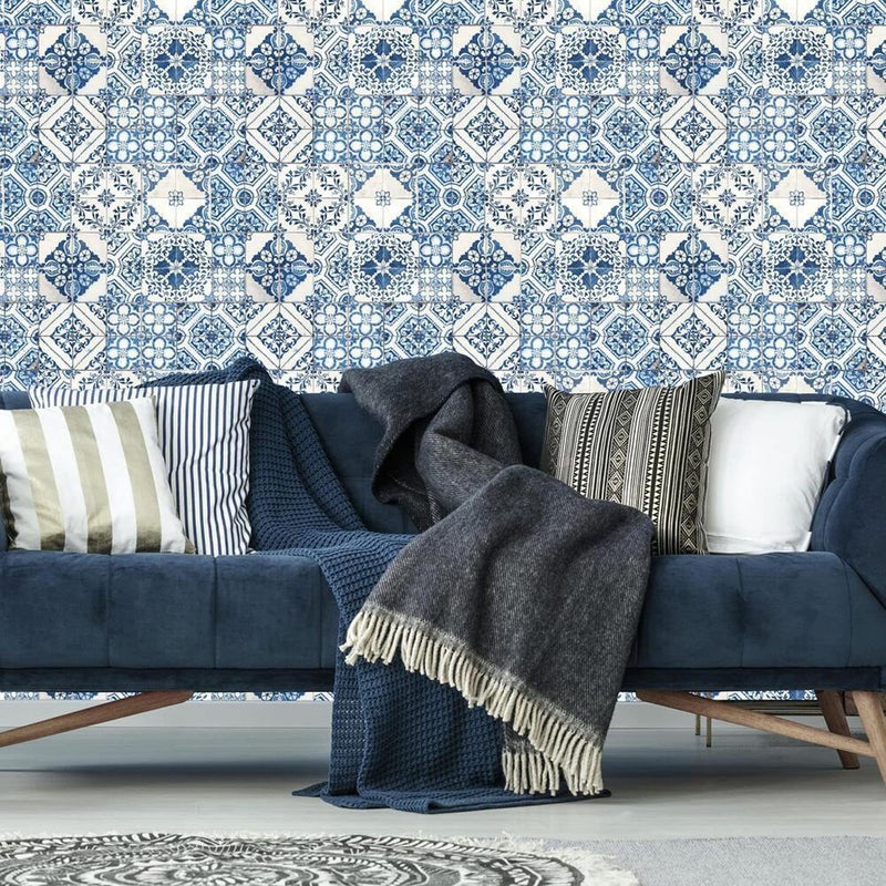 RoomMates RMK11083WP Blue Mediterranian Tile Peel and Stick Wallpaper 20.5" x 16.5 feet - Image 3